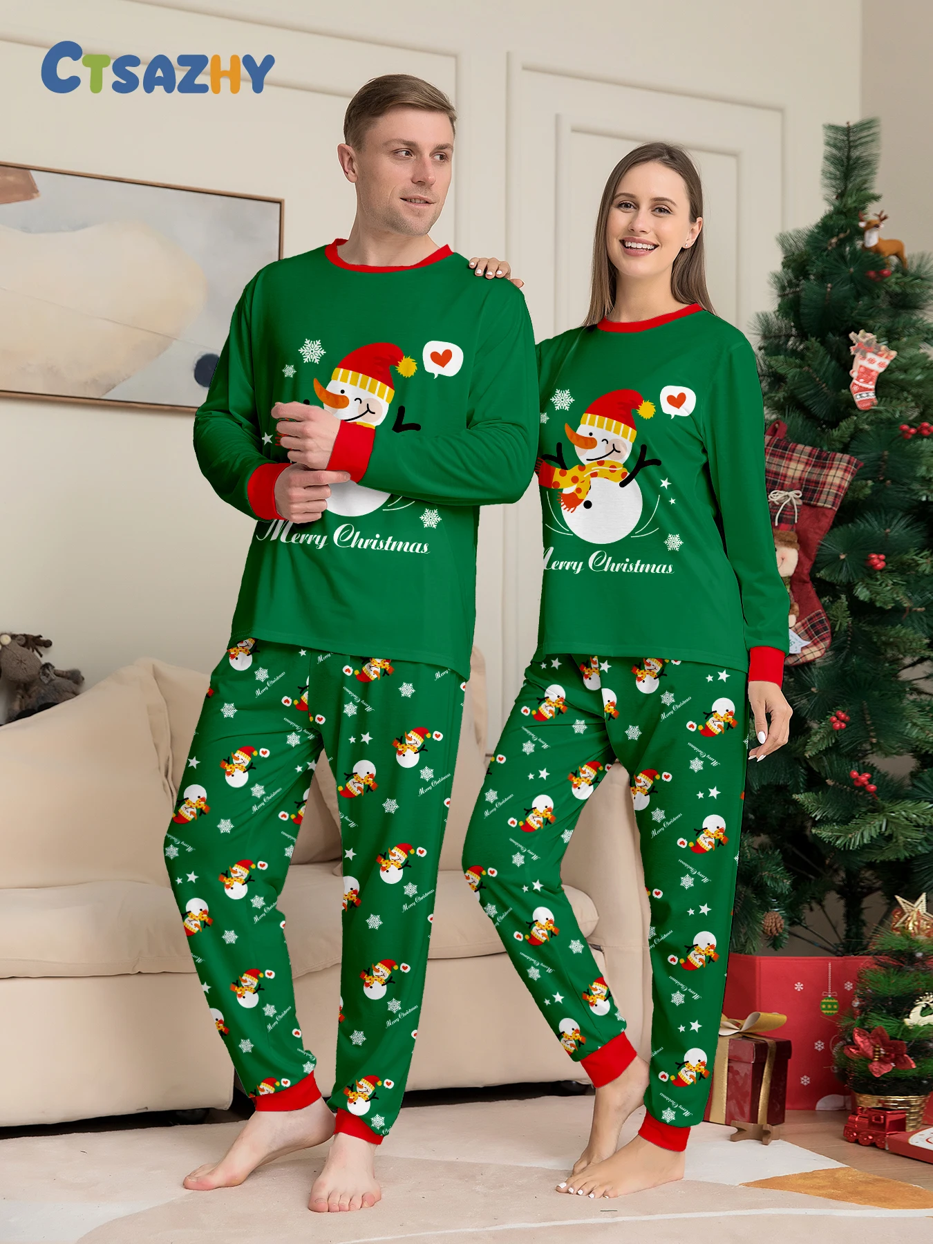 

Couple Christmas Pajamas Snowman & 'Merry Christmas' Print Long Sleeve Nightwear