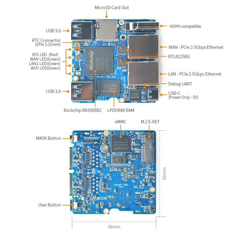 NanoPi R5C Rockchip RK3568B2 A55 Dual 2.5G Ethernet Port Support M.2 WiFi Module  Linux/Openwrt/Debian/Ubuntu