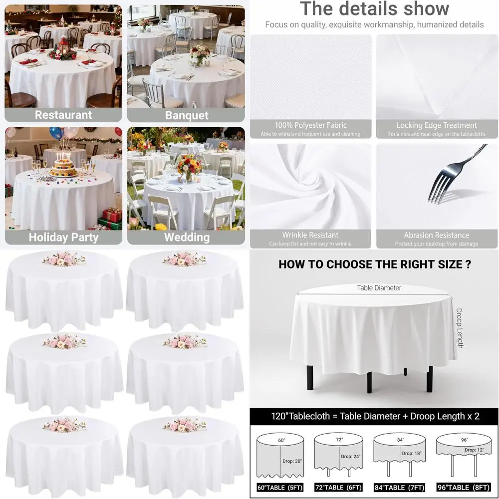 

120 White 6-Pack Round Tablecloths - Stain & Wrinkle Resistant Polyester for Weddings, Dining, Parties