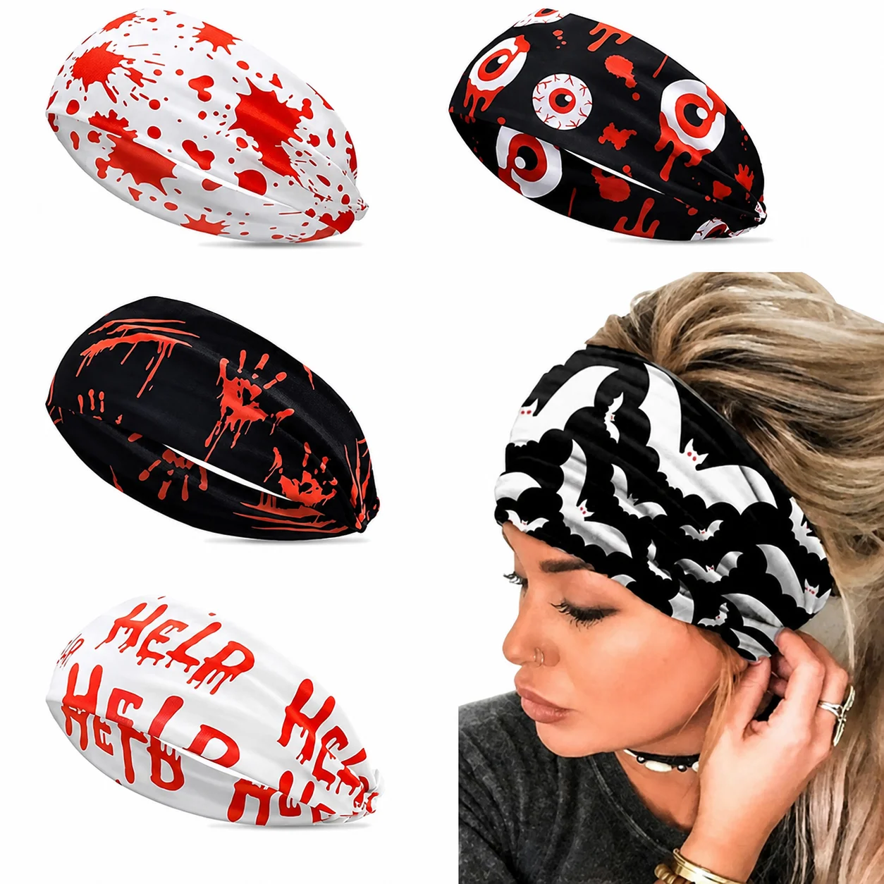 Halloween Wide Headband Women Elastic Spooky Bat Pumpkin Print Hairband Gothic Party Hair Accessories