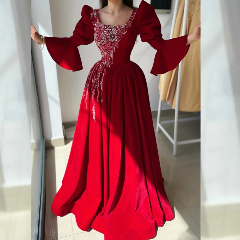 

CustomizedJersey Applique Beading Rhinestone Clubbing A-line Square Neck Bespoke Occasion Gown Long Dresses