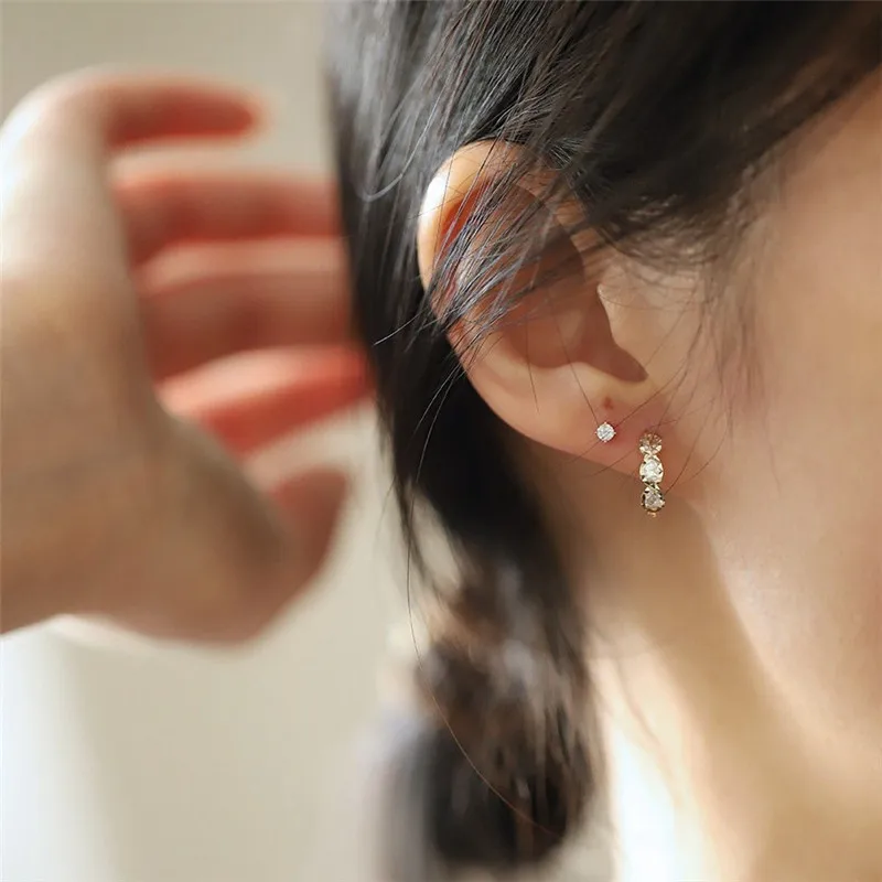 

925 Sterling Silver Plated 14k Gold European Geometric Zircon Stud Earrings For Women Simple And Charming Student Jewelry