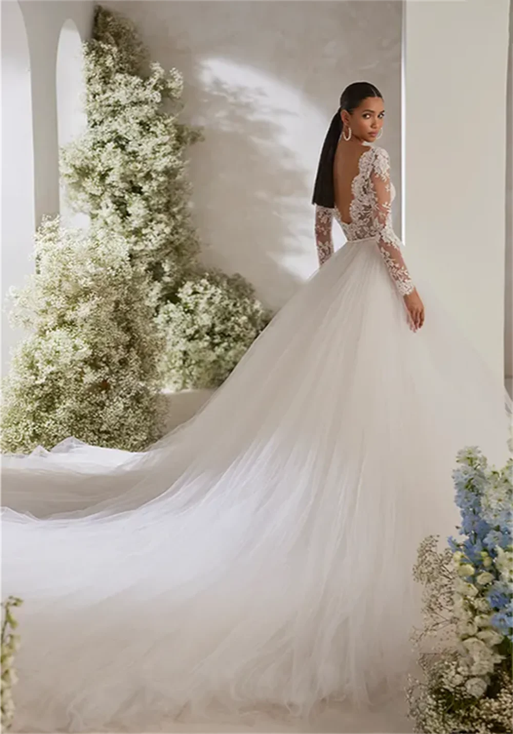 فستان زفاف فستان عروس على شكل حرف a من التل مزين بأكمام طويلة ورقبة دائرية بدون ظهر فستان عروس فستان زفاف رسمي لحفلات الزفاف #2