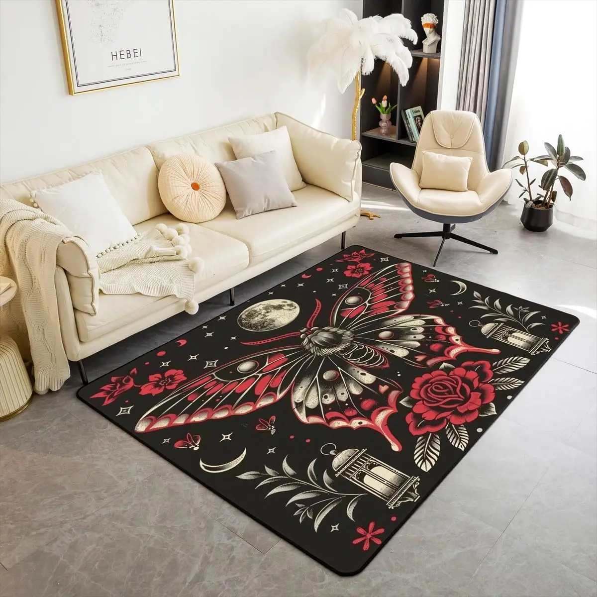 Gothic Moth Area Rug Halloween Decor Living Room Rugs for Kids Teens Adult Living Room Bedroom Galaxy Starry Sky Indoor Floor