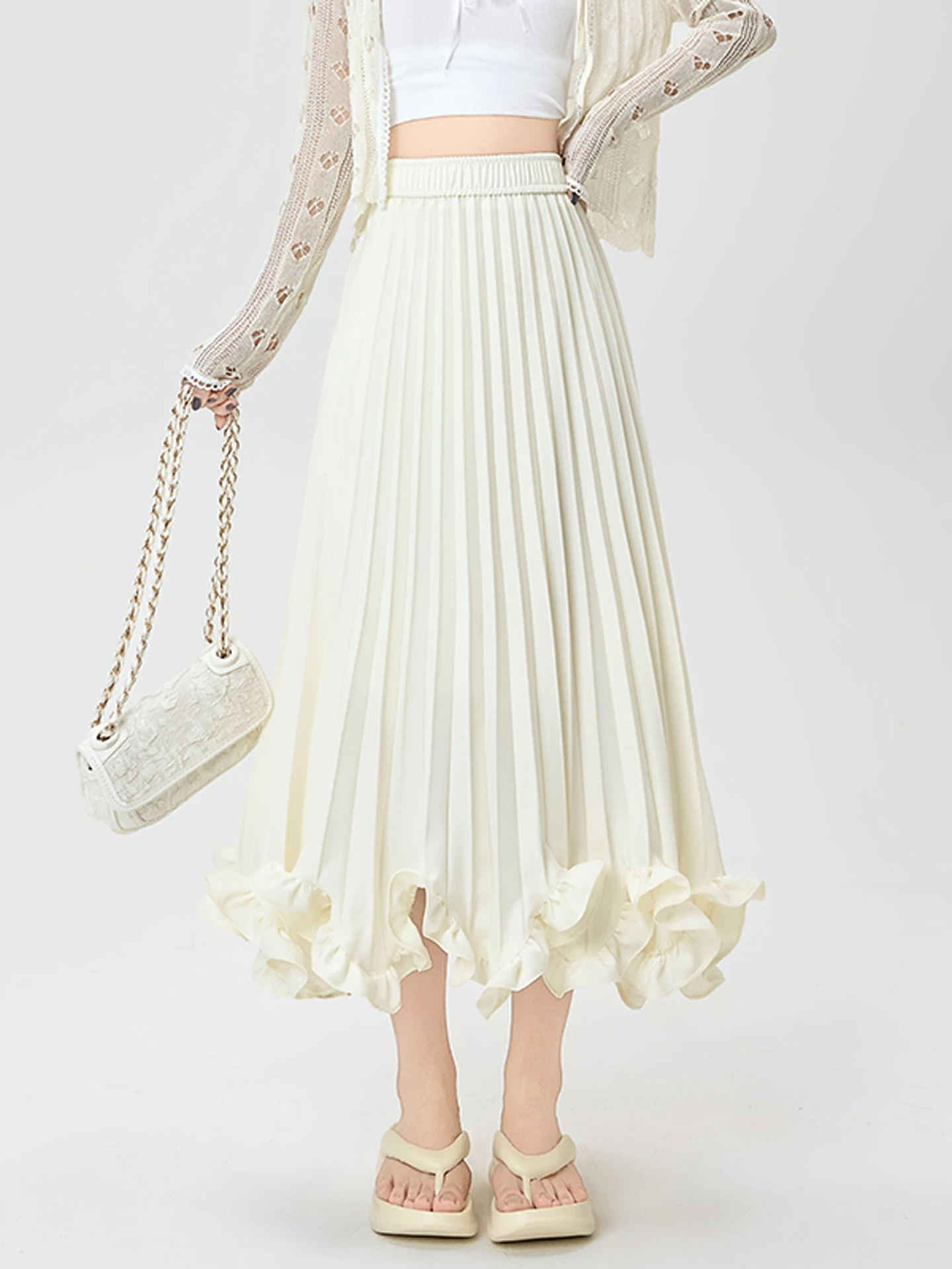 Ijs Zijde Bloemblaadje A-lijn Rok Dames Zomer Dunne High-End Gevoelens Plooirok Koreaanse Sle Woon-werkverkeer Casual Polyestervezel