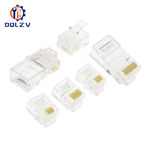 Imagen 2 del producto Conector RJ11 4P4C 6P4C 6P6C 8P8C, conector de Cable de teléfono de cabeza Modular chapado en oro, conectores de teléfono de red de engarce, enchufes de cristal