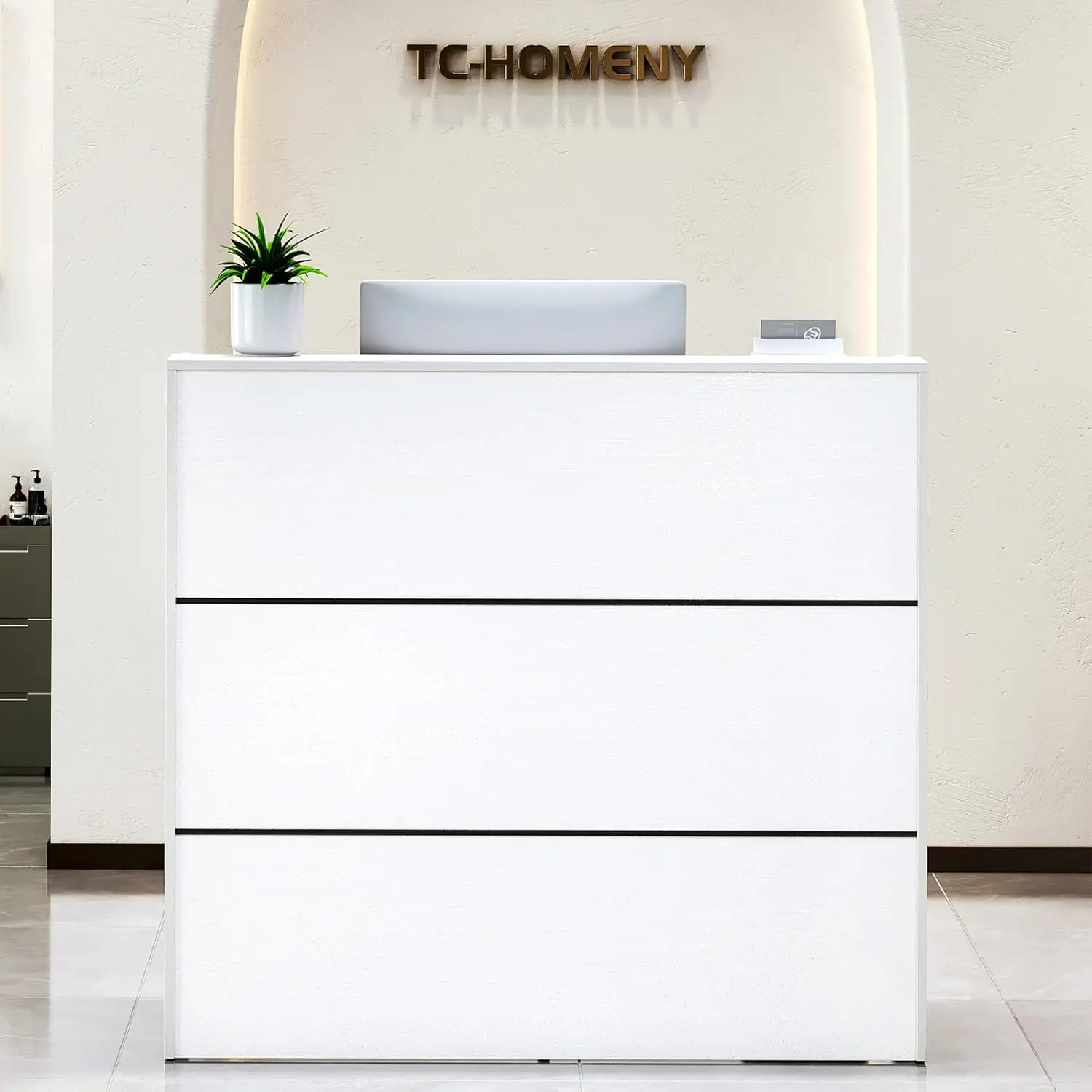 Reception Desk Counter Table, White Reception Desk Retail Counter Modern with Cable Grommet，Beauty Salon, Home Office Desk(48