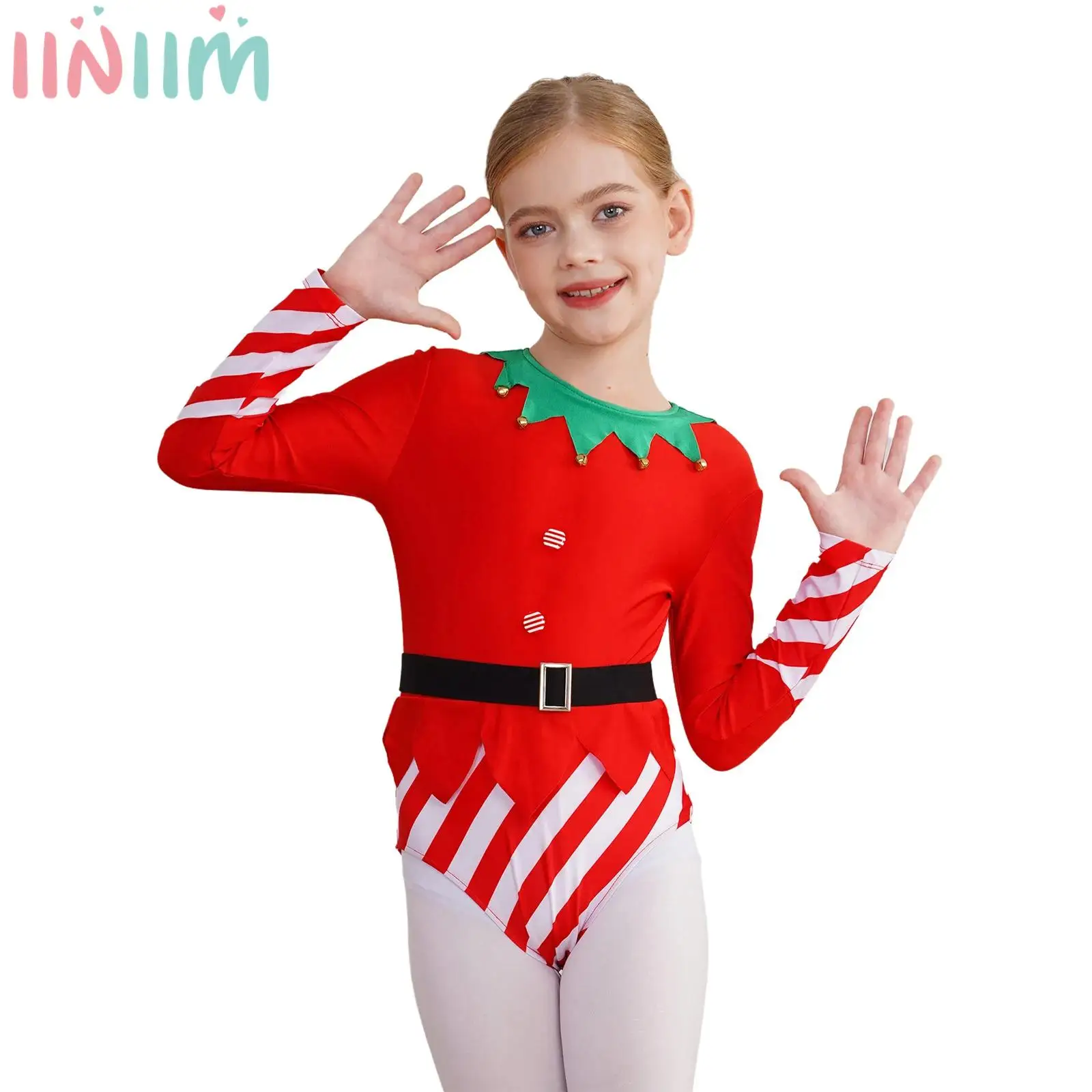 Girls Christmas Costume One Piece Long Sleeve Elf Bodysuit Jumpsuit Xmas Cosplay Party Fancy Dress Dance Leotard Outfits