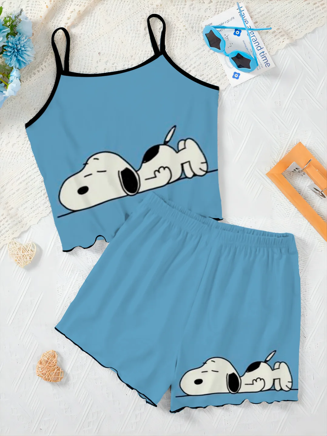 Women's Suit Two Piece Set Disney Lettuce Trim Short Sets Top Snoopy T-shirt Slip Dress Pieces Elegant Bottom Disney Home Dress