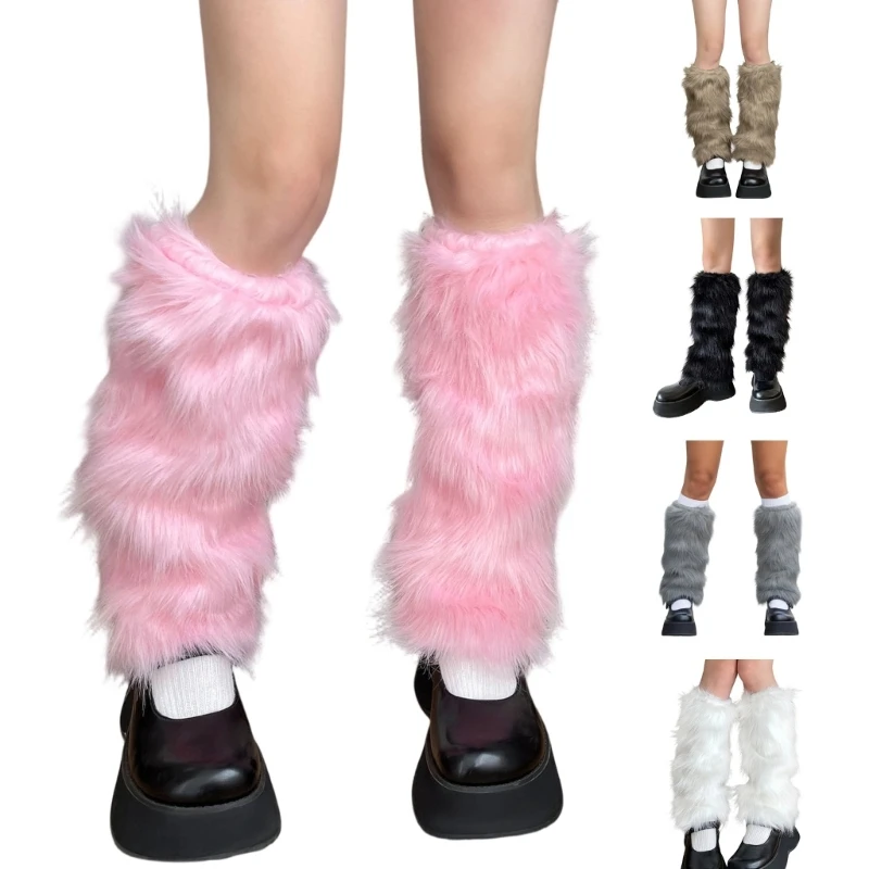 

E15F Women's Winter Thermal Leg Sleeves Faux Furs Elastic Leg Warmers Thick Furry Boot Covers For Cold Weather