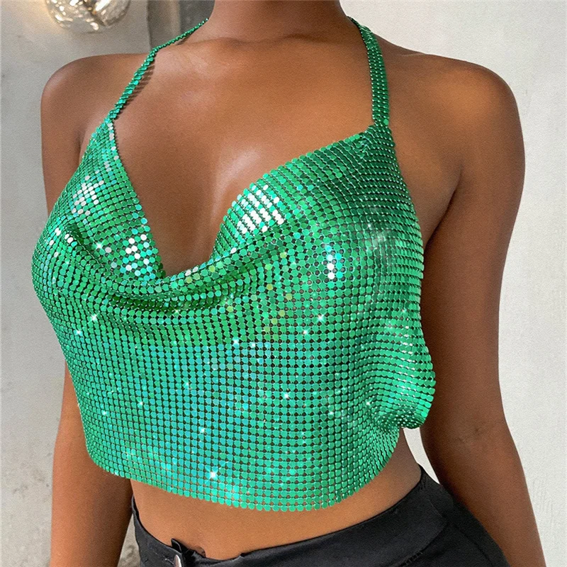 

Sexy green Bling Bling Sparkly Metal Rhinestones Crop Top Women Ladies Fashion Tank Camis Backless Halter Party Crop Tops