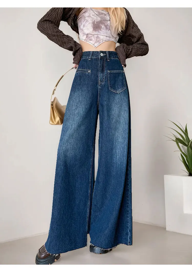 デニムワイドレッグパンツ レディース ジーンズ ルーズパンツ 2025 ストリートウェア ポケット ボタン ハイウエスト ダメージ加工 ウォッシュド フロア丈