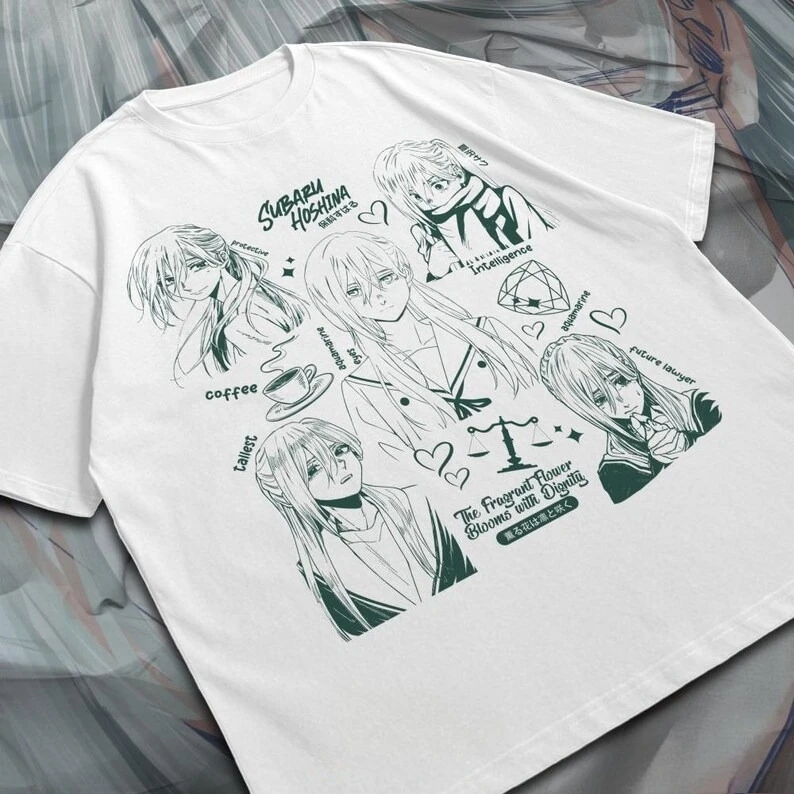 Die duftende Blume blüht mit Würde. Kaoruko Waguri Sketch T-Shirt, übergroßes, kurzärmliges Harajuku-T-Shirt aus Baumwolle mit Anime-Print – Detail 3
