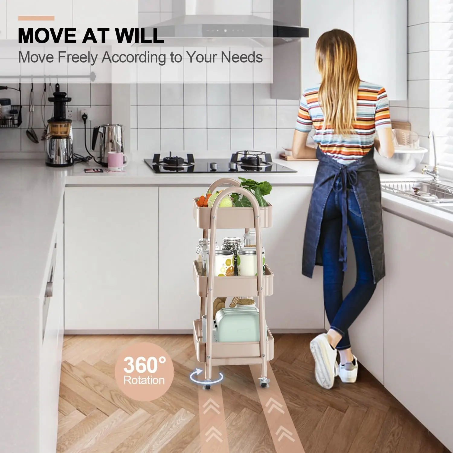 Chariot de rangement roulant à 3 niveaux avec roulettes verrouillables, organisateur multifonctionnel pour cuisine, bureau, garage en beige