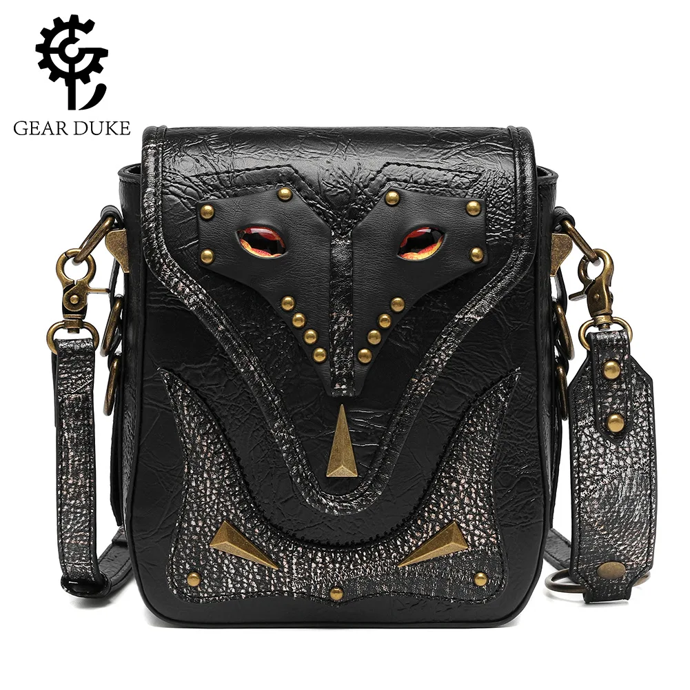 

Gear Duke Pu Handbag Medieval Steampunk Motorcycle Fox Face Single Shoulder Bag The Gothic Artificial Gem Rivet Messenger Bag