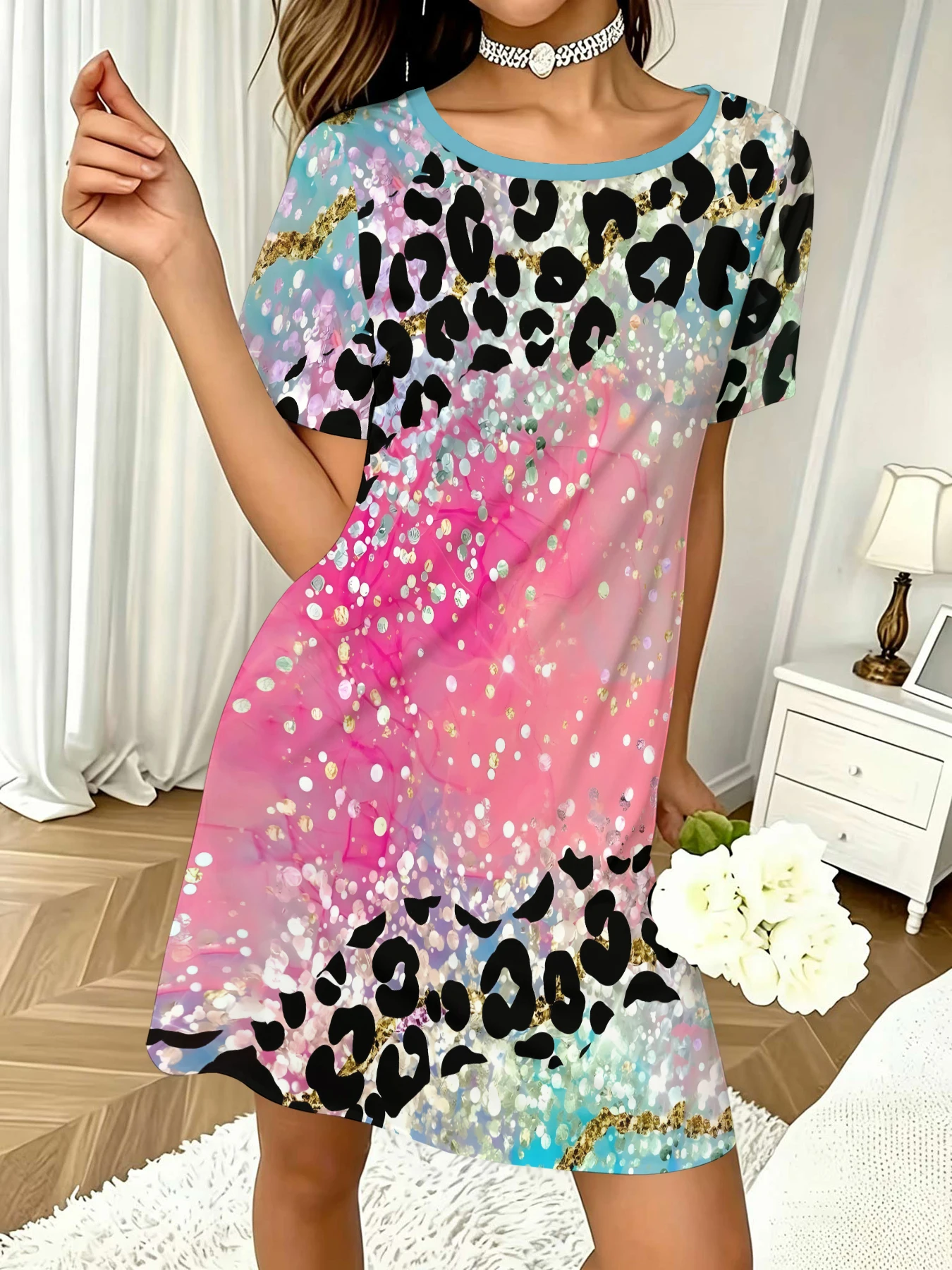 Women's Round Neck Short-Sleeved Dress, Pink and Blue Gradient Faux Sequin Polka Dot Patchwork, Black Leopard Print A-Line Casual Dress