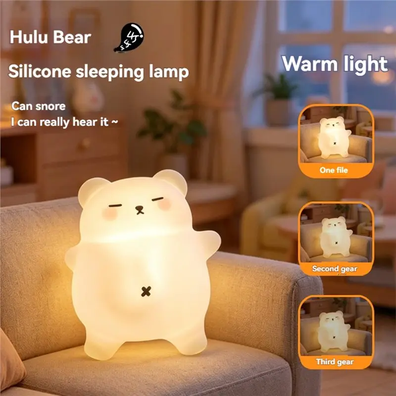 T21C Big White Bear Sleep Lamp Cute Snoring Night Light 3 Brightness Levels Timer USB Rechargeable Silicone