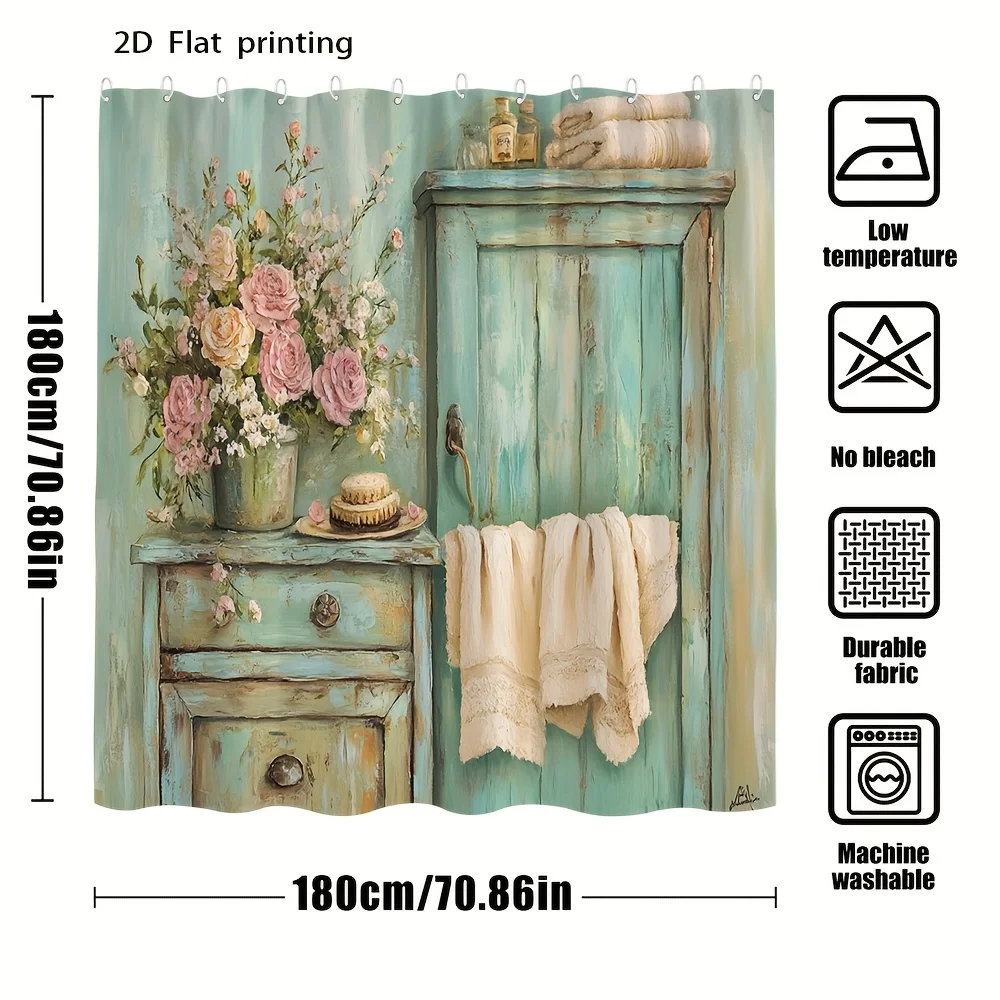 [2D FLAT] One Piece of Vintage Floral Shower Curtain Featuring a Turquoise Distressed Design, Adorned with Pink And White Roses