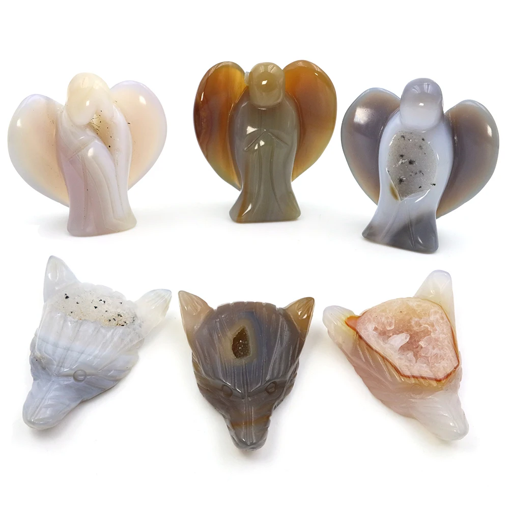 

Angel Statue Wolf Head Ornaments Natural Random Gray Agate Geode Crystal Carving Reiki Healing Stone Handicraft Gems Home Decor