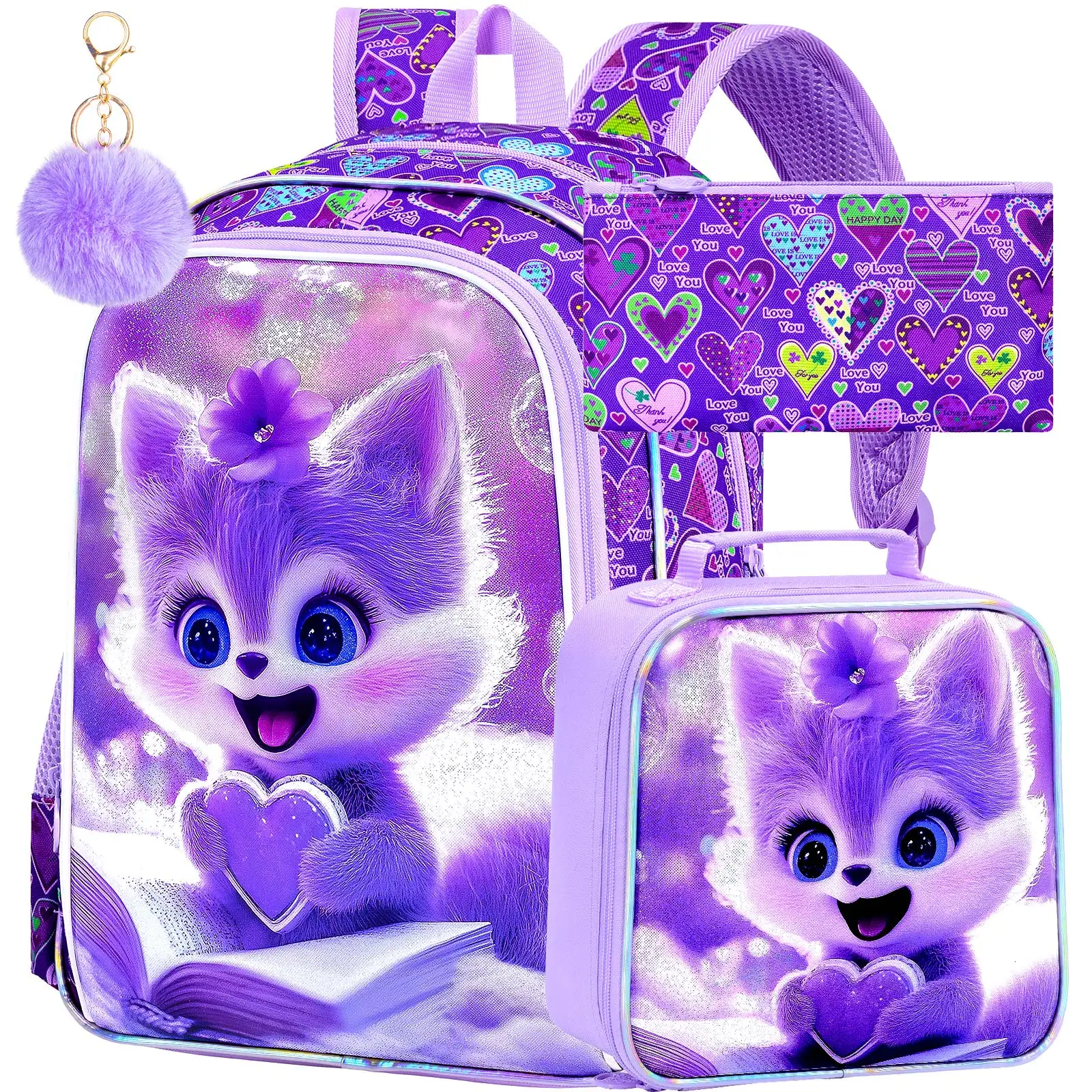 

3PCS Girls purple Fox Backpack,Kids Bookbag with Lunch Box, 16" Preschool Backpacks for Elementary