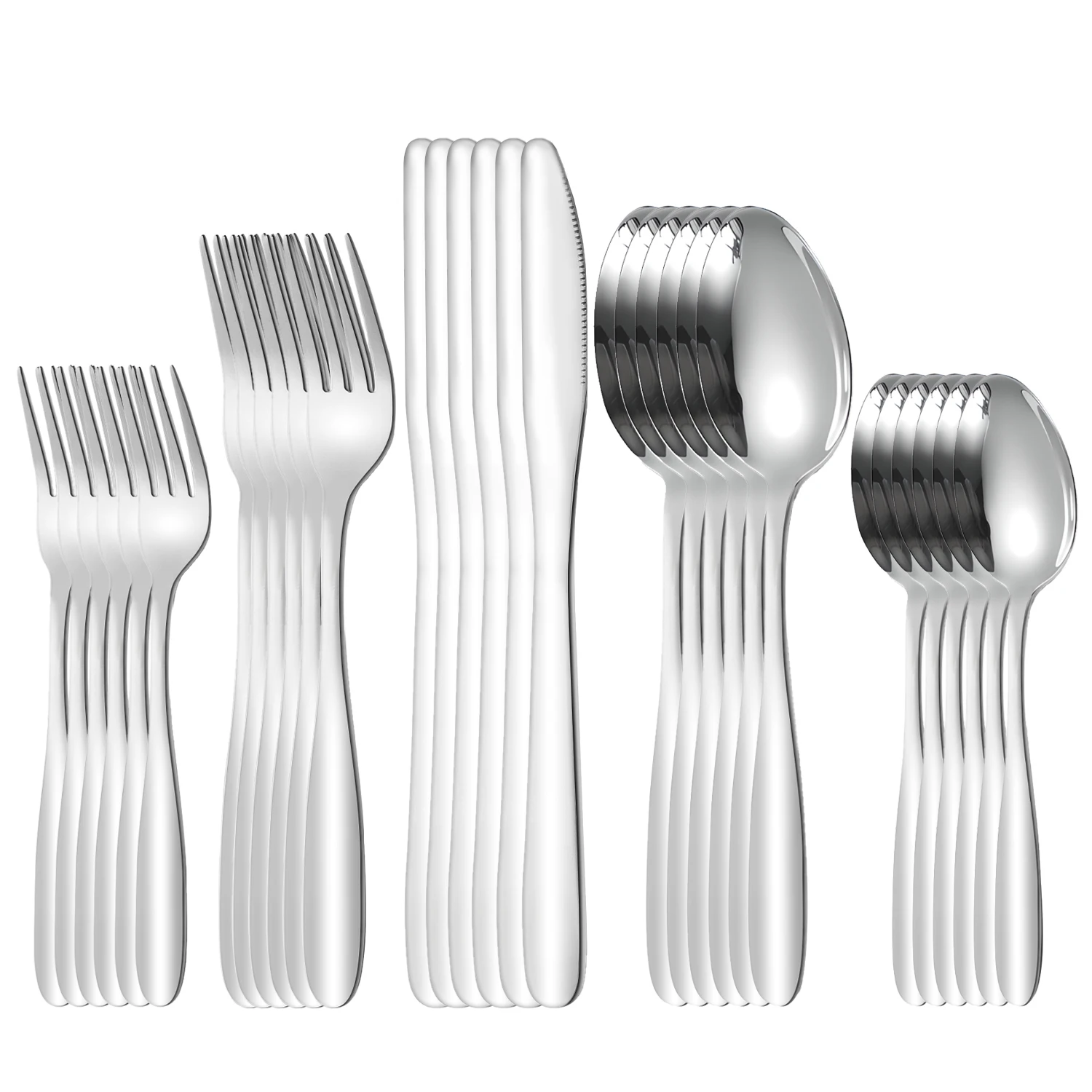 4/5/6/24pcs Stainless Steel Cutlery Set with Wide Handles Including Main Knife, Spoon, Fork, Dessert Spoon and Fork, Coffee Spoo