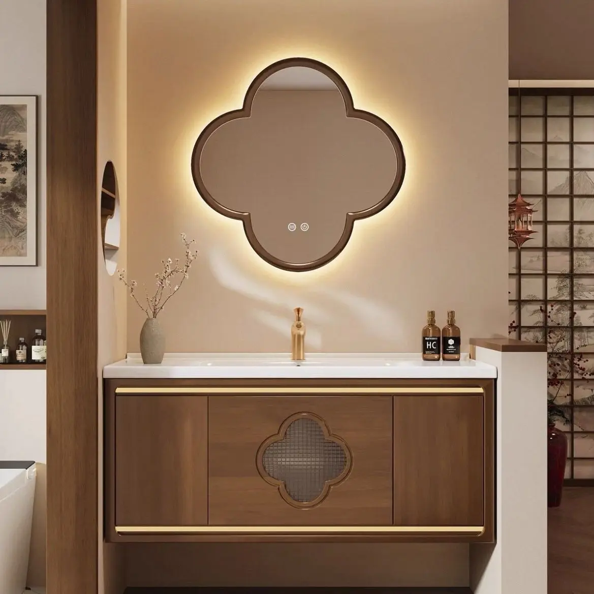 New Chinese walnut rubber wood smart bathroom cabinet ceramic integrated basin toilet atmospheric bathroom cabinet