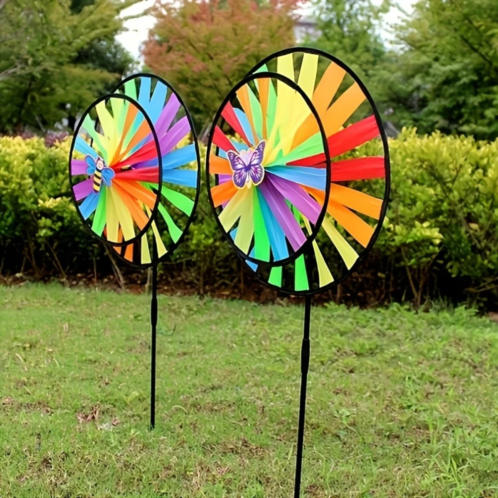 2 Pack Double-Layer Rainbow Windmills with Black Poles and Insect Stickers,Wind Spinners for Garden and Patio Decoration.