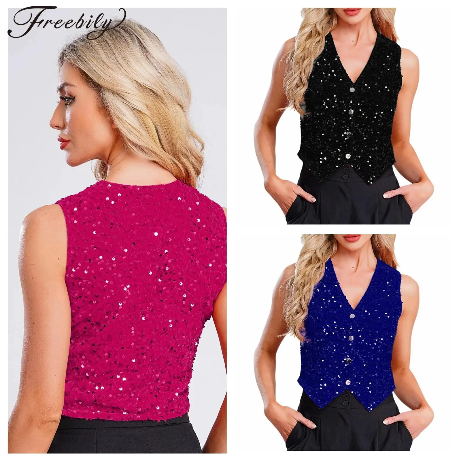 

Women V-neck Sequins Vests Fashion Waistcoat Sleeveless Vest Party Tops Clubwear Lady Nightclub Disco Music Festival Outfit