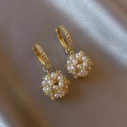 Luxury Pearl Bead Ball Pendant Earrings Korean Fashion Crystal Zircon Gold Color Pearl Earrings Women's Jewelry Gifts