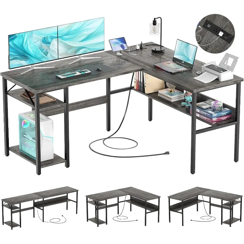 

L Shaped Gaming Desk with Power Outlets and USB Charging Ports, Sturdy Computer Desk with Storage Shelf, Modern Corne