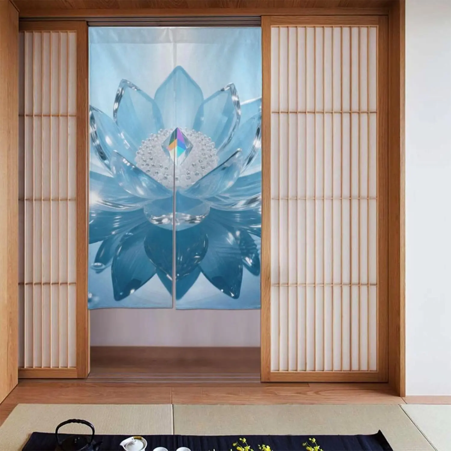 Crystal Lotus Japanese Zen Door Curtain, Light Blue Background Transparent Lotus Flower Print, Serene Spiritual Oriental Decor