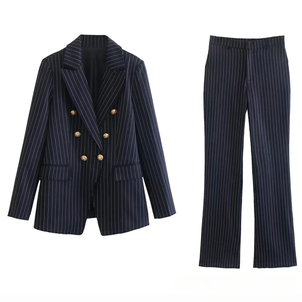 

Navy Blue Striped Women Suits Two Piece Fashion Peak Lapel Double Breasted Outfits Chic Business Casual Office Lady Pants Sets