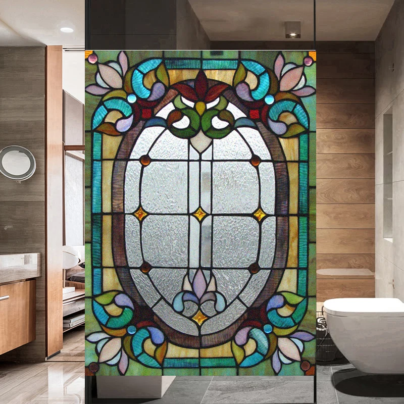 Retro Privacy Window Film Static Clings Stained Glass Non-Adhesive Anti-UV Protection Heat Control Door Stickers for Home