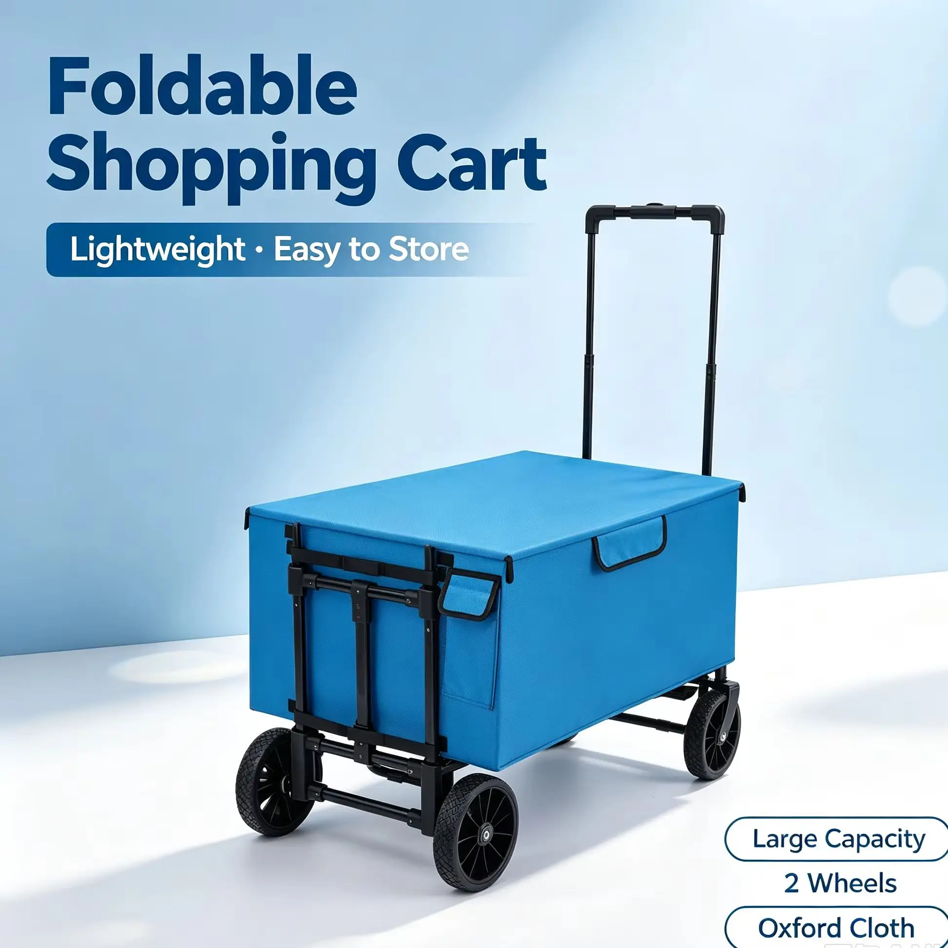 Carrello pieghevole blu da 64 litri, realizzato in tessuto Oxford, con manico telescopico, ruote direzionali e borsa da spesa rimovibile, ideale per il trasporto di generi alimentari e per l’utilizzo