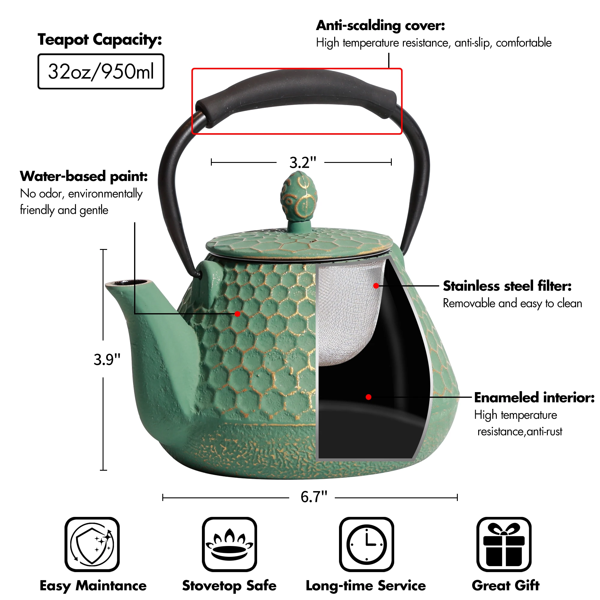 Cast Iron Teapot,Stove top Coated with Enameled Interior, Honeycomb Pattern Tea Pot with Infusers for Loose Tea 32oz/950mlPurple