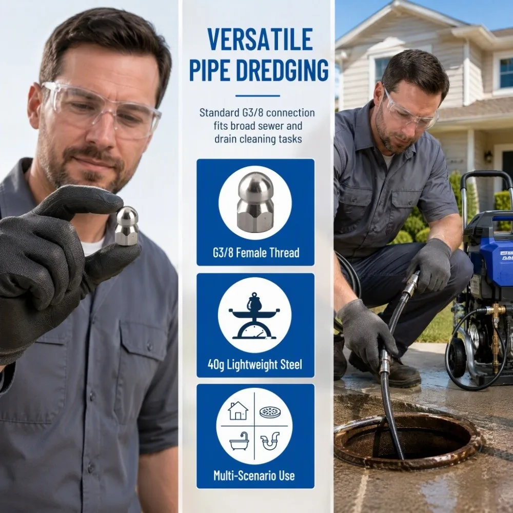 3/8 Inch Sewer Cleaning Nozzle Stainless Steel 1 Forward 6 Rear Jets Drain Cleaning Nozzle Wear Resistant