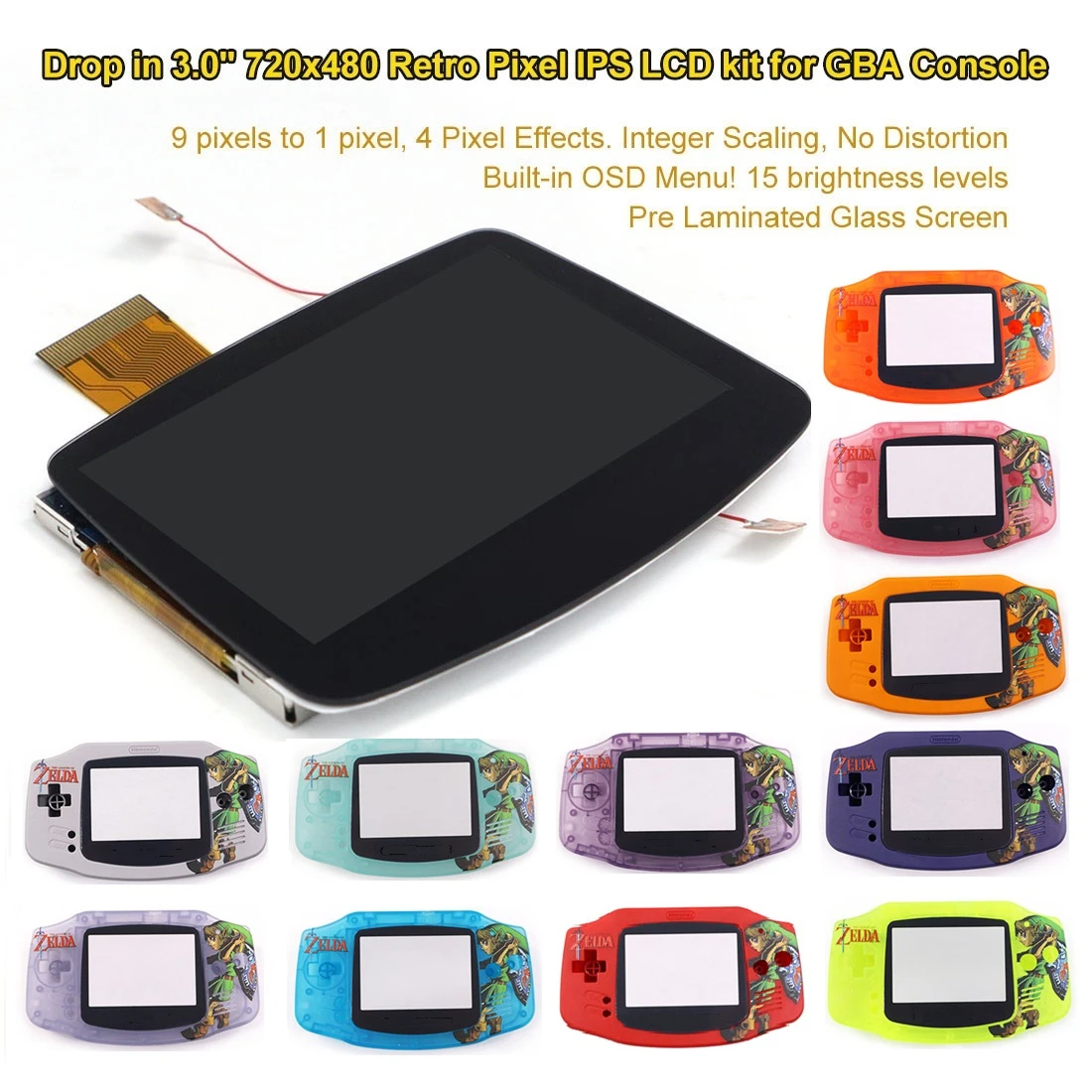 

Hispeedido V5 Laminated Drop in 3.0 Inch 720x480 Retro Pixel IPS Backlight LCD Display Kit+UV Printed Shell For Gameboy Advance