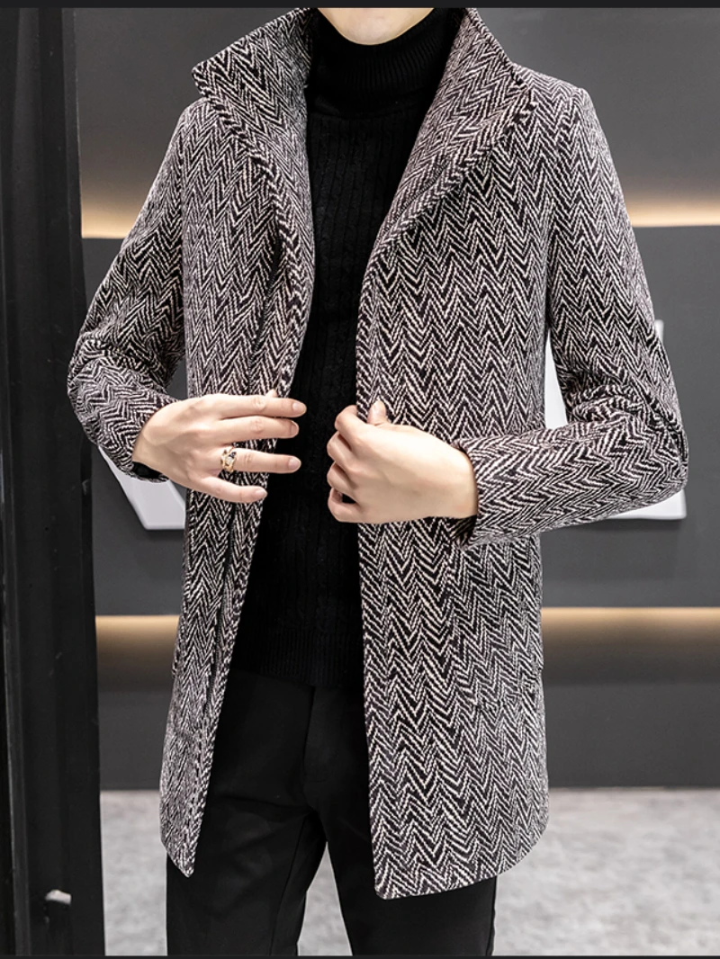 Koreańskie wełniane kurtki średniej długości Mężczyźni Wszechstronny Casual Business Trencz Slim Gruby Ciepły Streetwear Wiatrówka Płaszcz — zdjęcie 7
