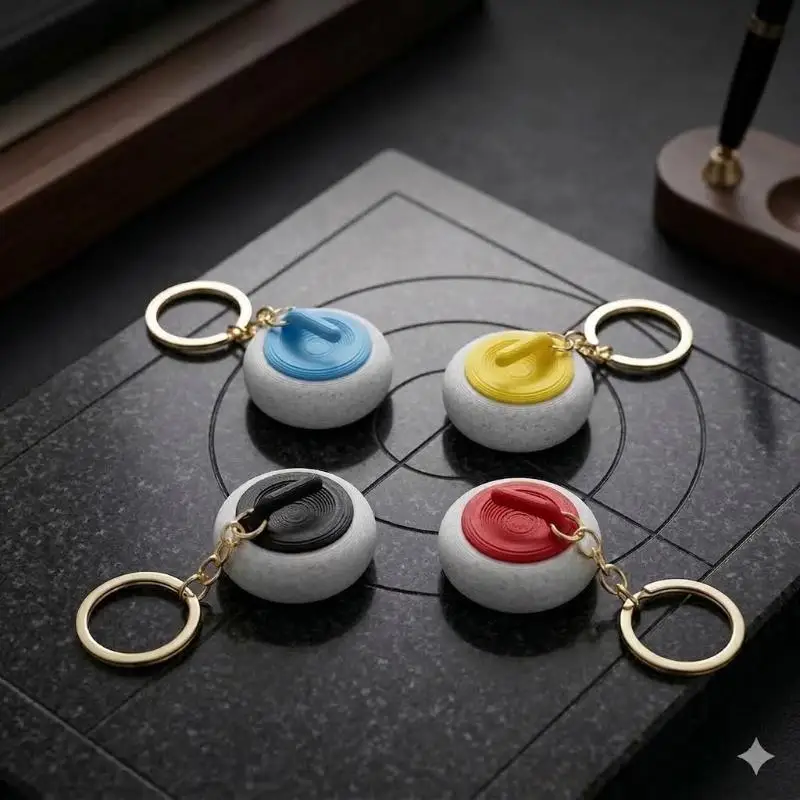 Mini Curling Stone Keychain Realistic Replica Design Durable Plastic Golden Key Ring for Curling Fans Gift and Decoration
