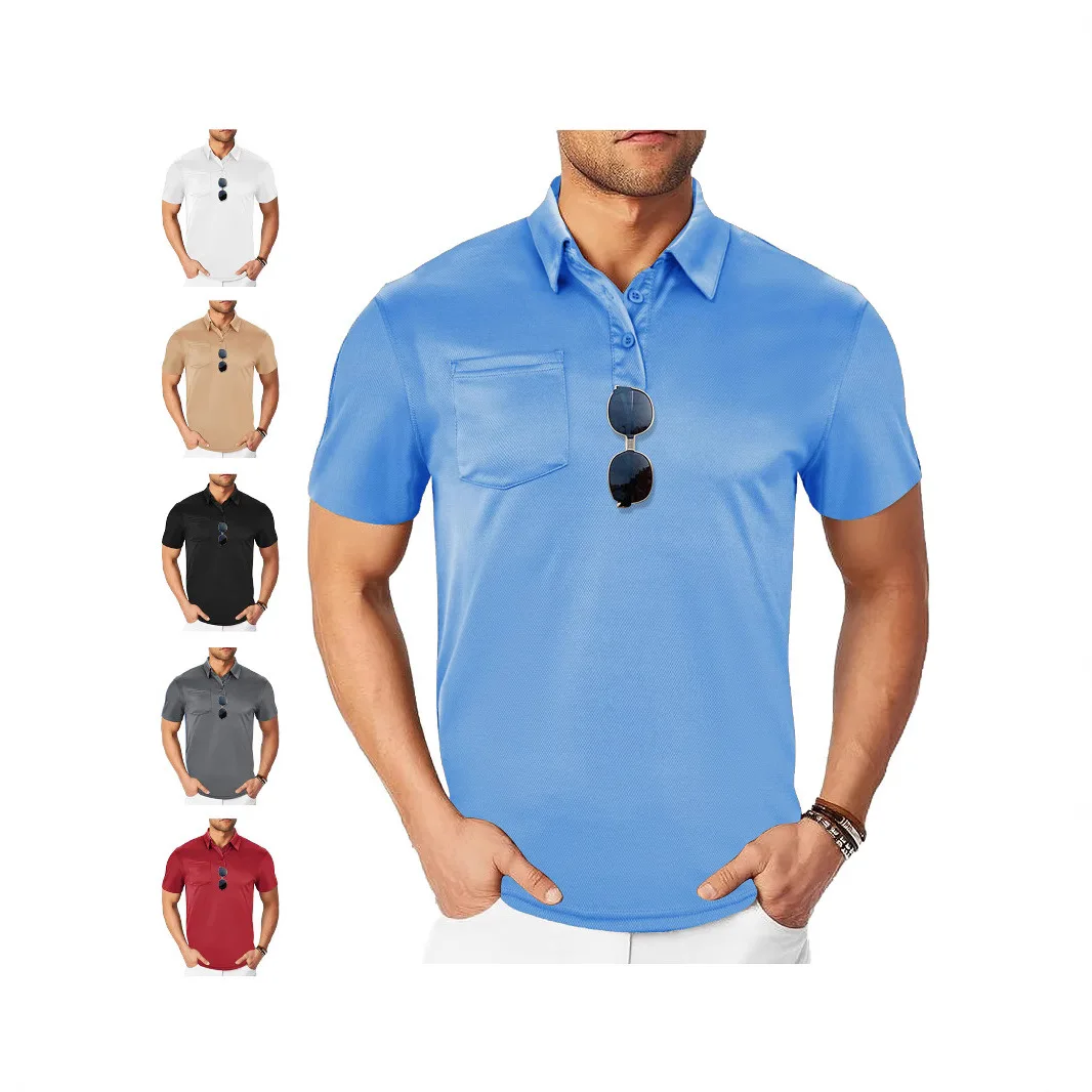 Men's Quick Dry Polo Shirt Short Sleeve Turn‑Down Collar Chest Pocket 2‑Button Placket Casual Sports Tops
