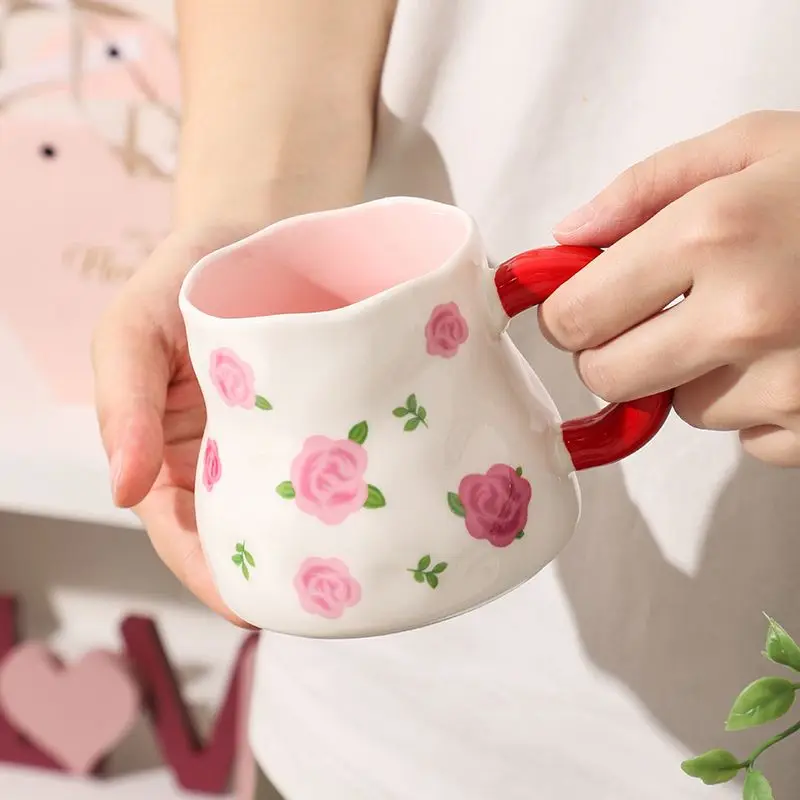 Korean Small Floral Ceramic Cup, Irregular Shape Hand-painted Underglaze Color Mug, Cute Niche Coffee Cups with Gifts