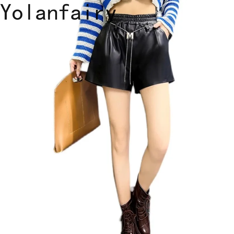 YOLANFAIRY Real Sheepskin Wide Leg Shorts for Woman Autumn High Elastic Waist Black Shorts Genuine Leather Bootcut Black Shorts