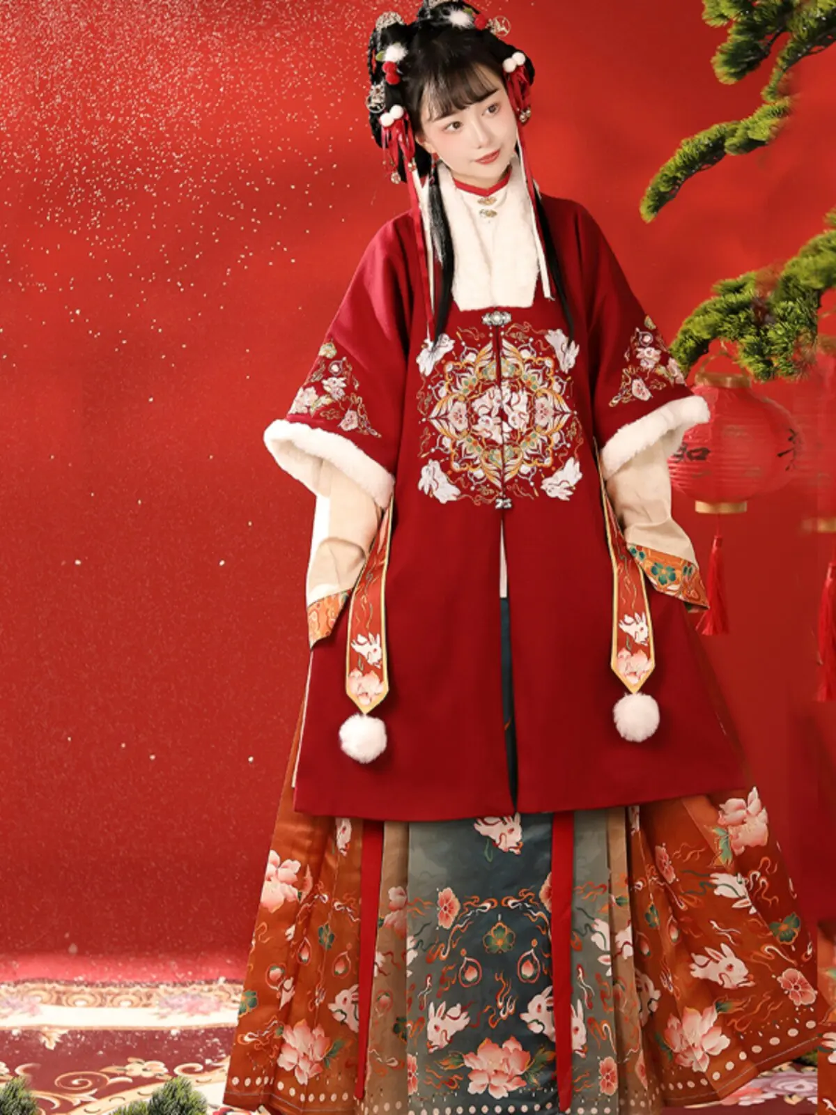 

2026 Winter Hanfu Sets Women Chinese Traditional New Year Hanfu Costume Red Ma Mian Skirt Suit Female Christmas Costume