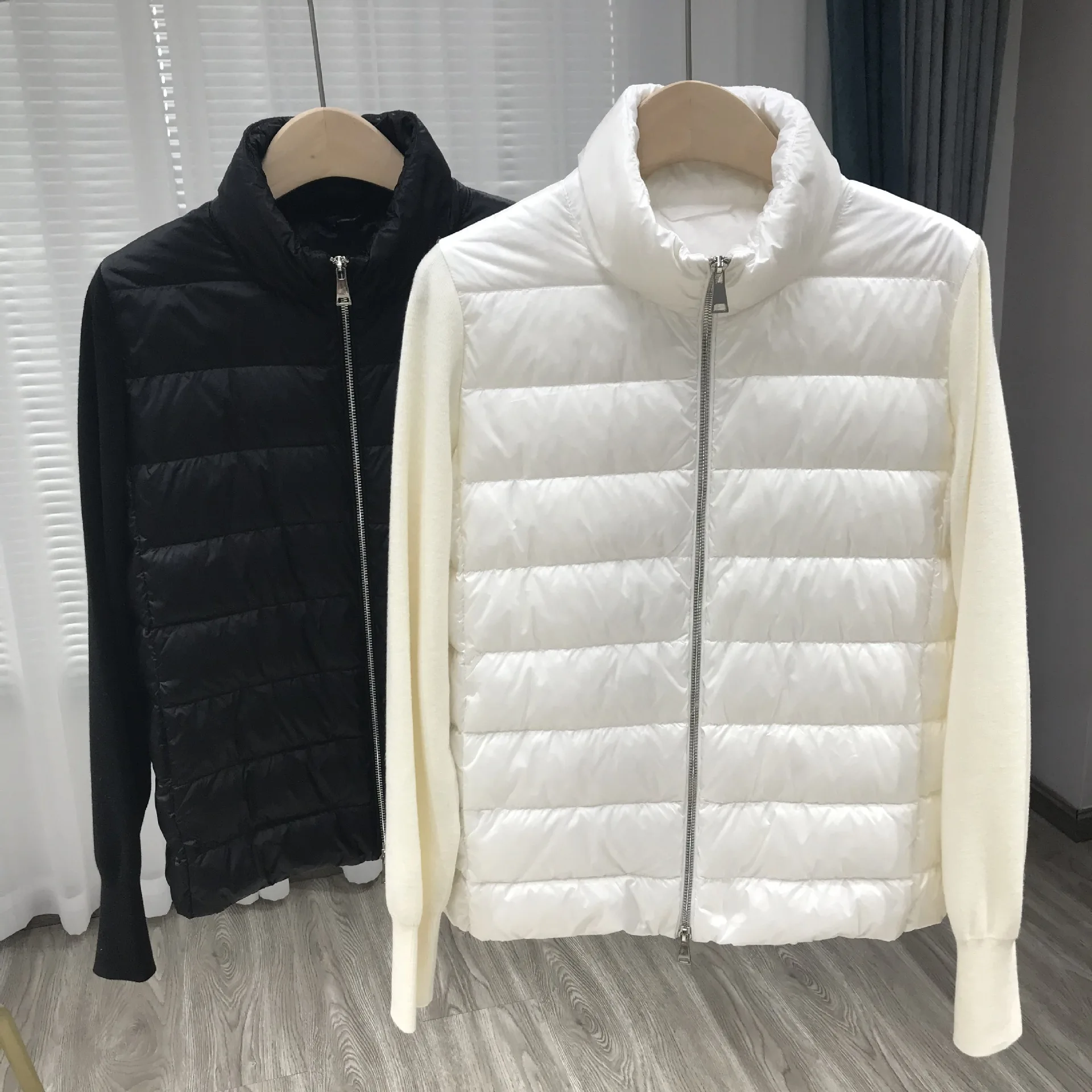 Spring and Autumn New Women's Down Jacket Windproof Stand Collar Splicing Knitted White Duck Down Jacket