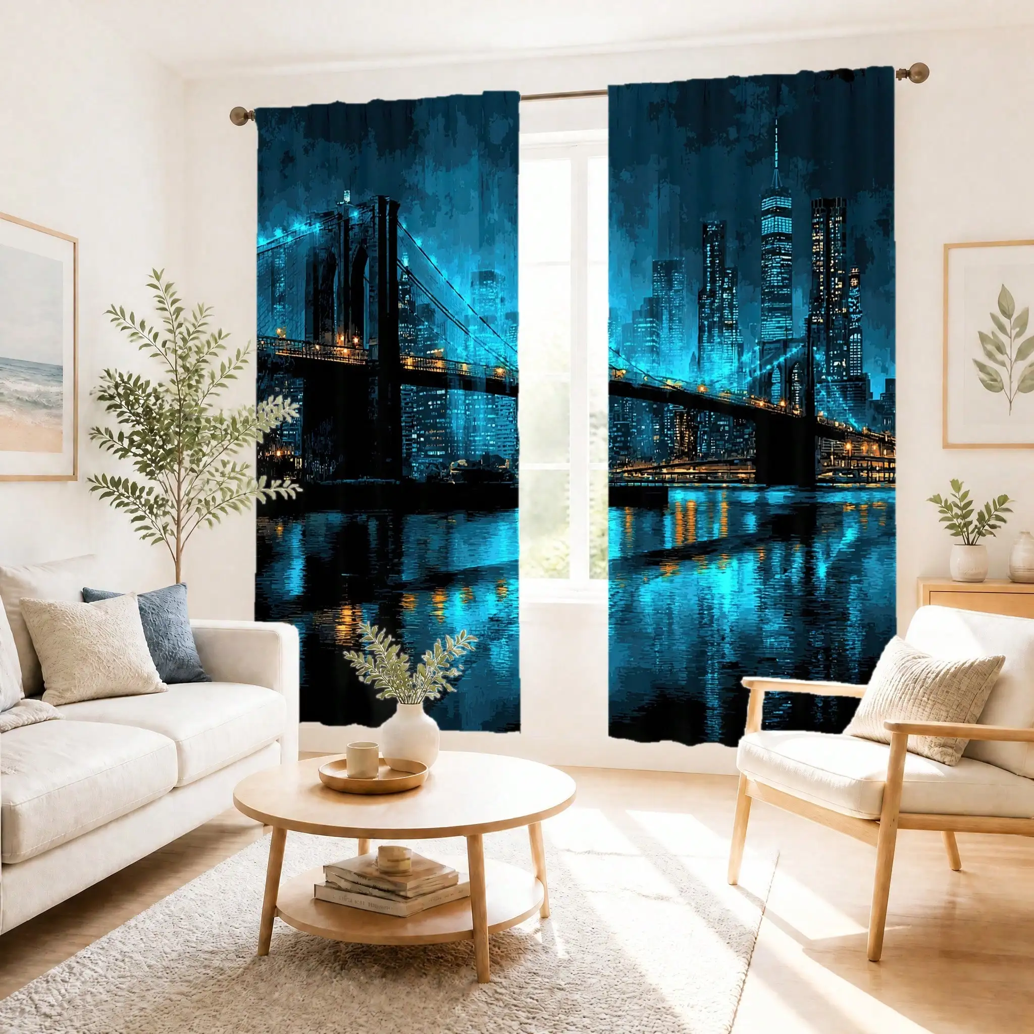 Blue City Night Curtains, Brooklyn Bridge Skyline Print Blackout Drapes, Modern Urban Decor for Living Room Bedroom Window