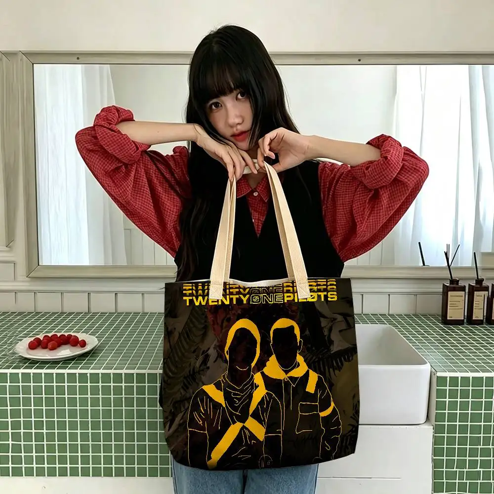 T-Twenty One Pilots Band-Aufbewahrungstaschen, Leinenmischung aus Baumwolle und Polyester, doppelseitige Schulter- und Handtasche, wiederverwendbare, umweltfreundliche Tragetasche. – Detail 8