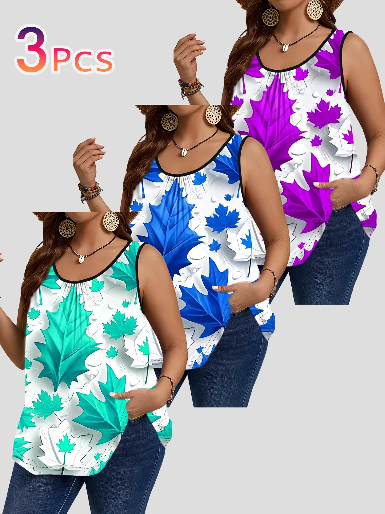 3-Piece Set of Large Size Sleeveless Vests with 3D Maple Leaf Print, Fresh and Energetic Loose-Fitting Camisole Tops That Cover the Body