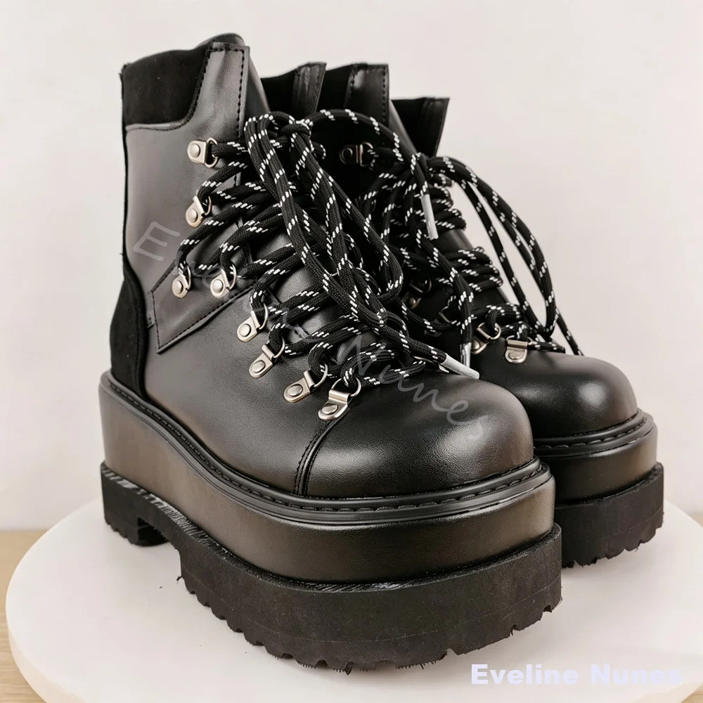 Y2K Goth Men Platform Combat Ankle Boots Patchwork Leather Lace‑Up Round Toe Chunky Punk Motorcycle Short Boots for Daily Party