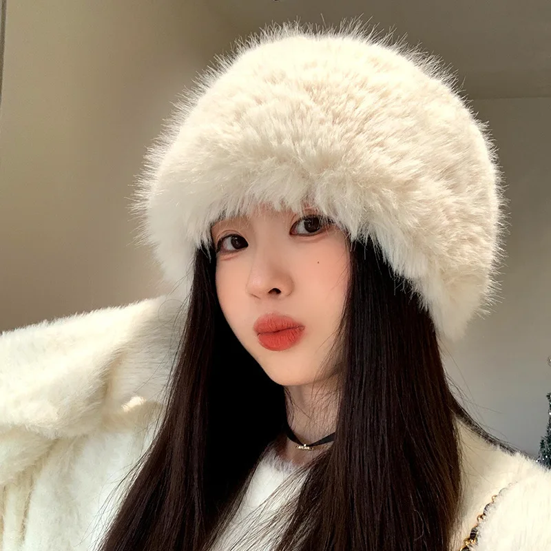 

Thickened Fur Hat Women's Autumn Winter Fisherman Cap Warm Ear Protection Large Head Circumference Fluffy Face Slimming Bucke...