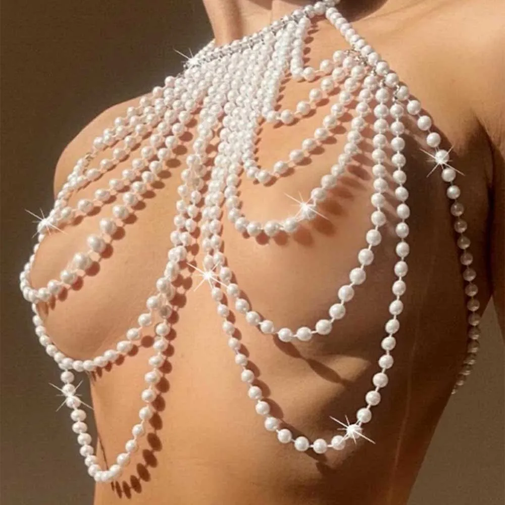 Stonefans Sexy Top Pearl Chest Chain Harness Women Swimsuit  Beachwear Multilayer Hollow Rave Gift Bikini Bra Chain Body Jewelry